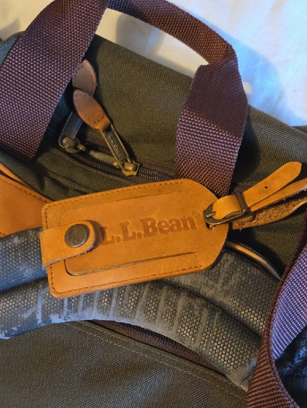 L.L. Bean Olive Green Canvas Laptop Messenger with Brown Leather Accents